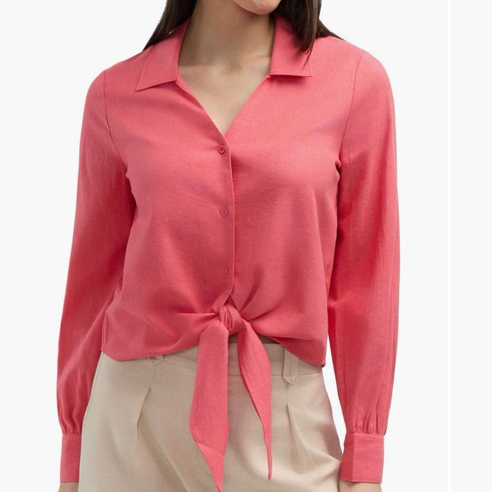 Ellen Tracy Long Sleeve Button Down Linen Blend Top tie Waist NWT Coral Size S